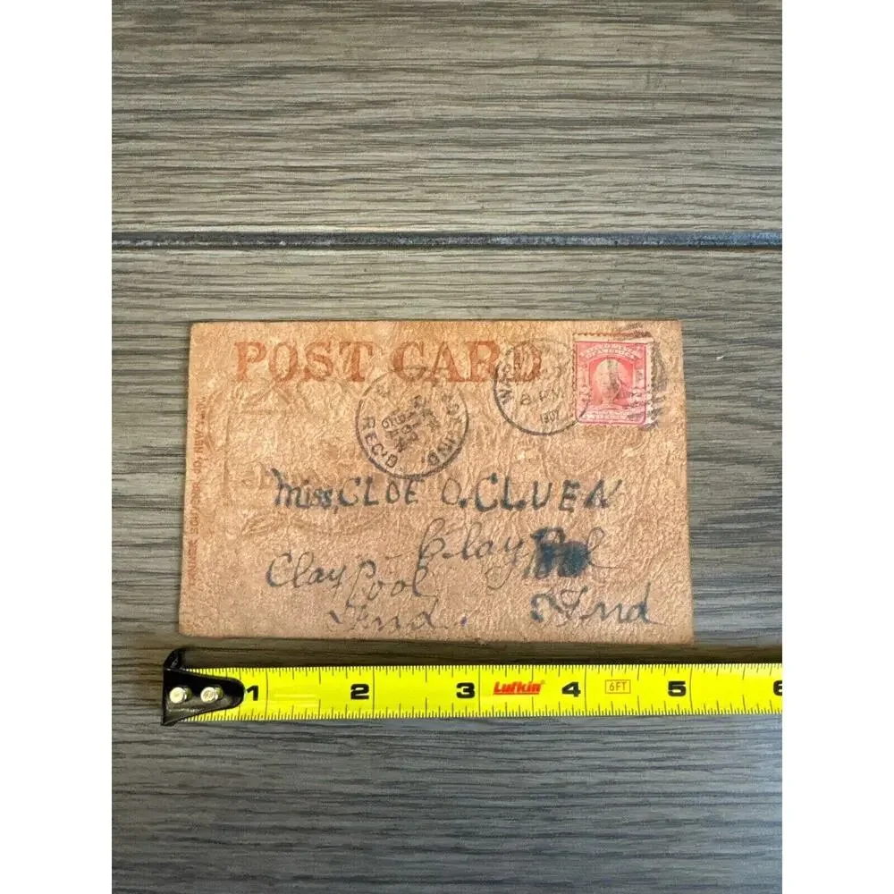 Antique Ephemera 1907 Leather Postcard Valentine 4 Leaf Clovers Celtic Posted